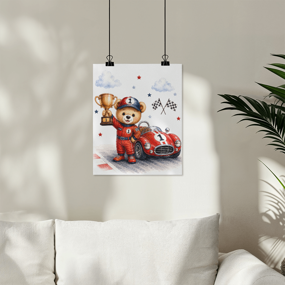 Champion Teddy Bear Nursery Wall Art | Trophy Bear Nursery Decor | Race Car Nursery Print | Baby Boy Wall Art