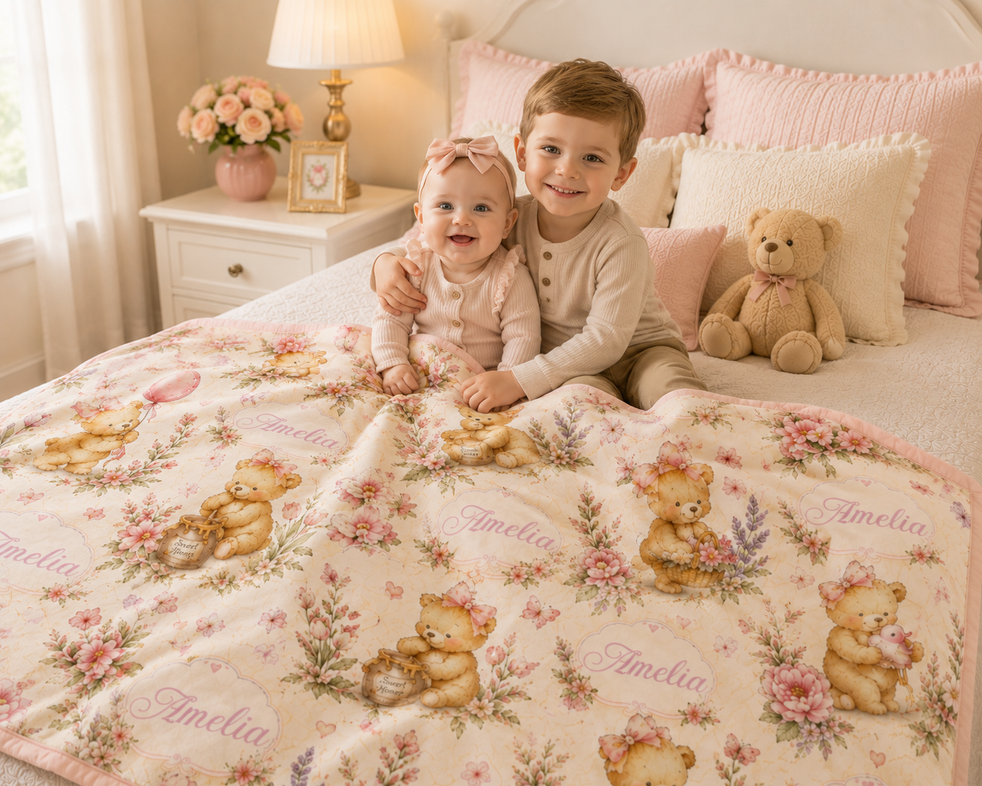 Personalized Honey Bear Baby Girl Blanket – Custom Name Watercolor Teddy Bear Nursery Blanket