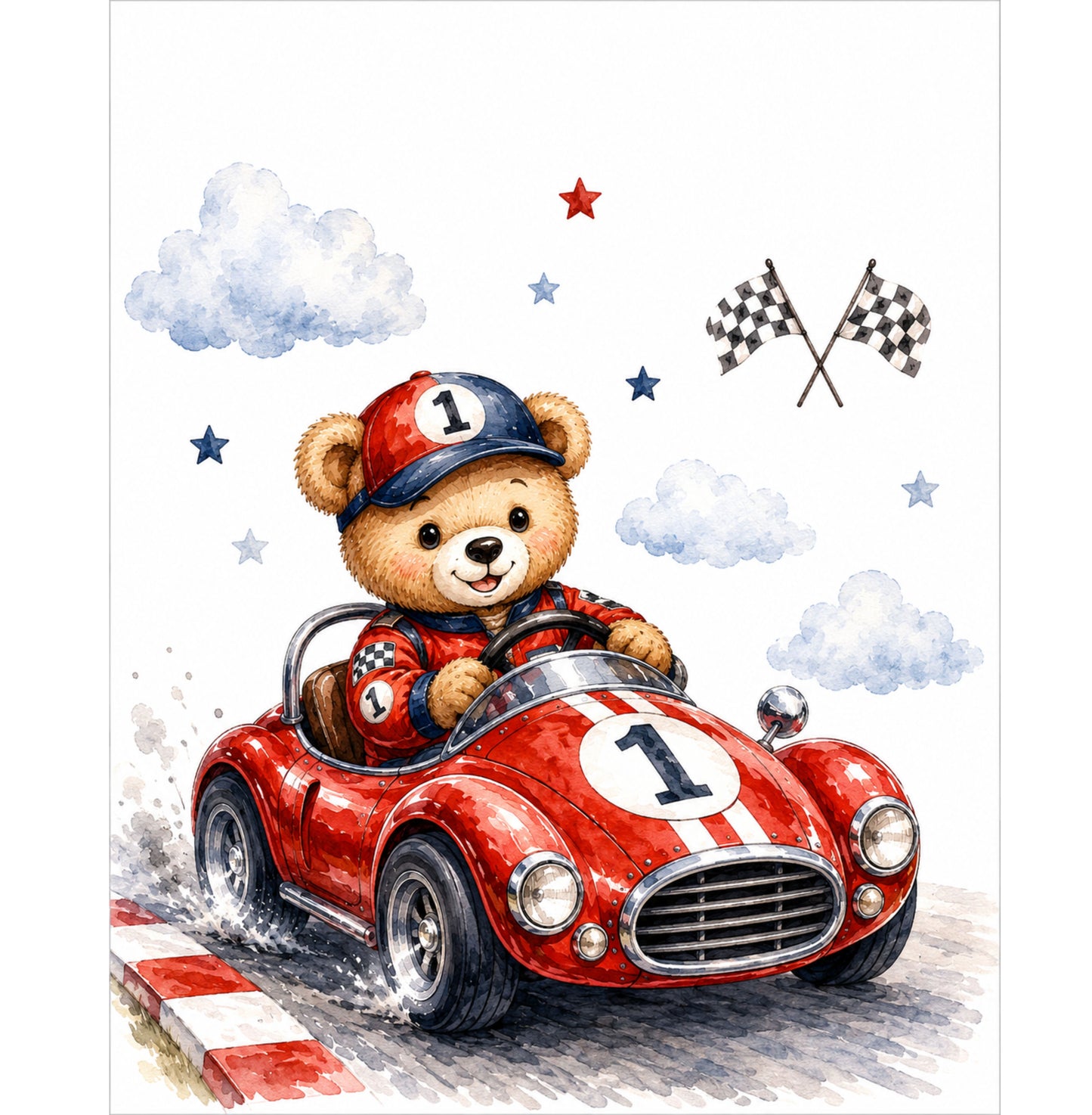 🏆 Personalized Race Car Nursery Print Set | Custom Baby Name Wall Art | Teddy Bear Nursery Decor (Set of 3)