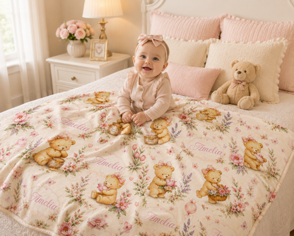 Personalized Honey Bear Baby Girl Blanket – Custom Name Watercolor Teddy Bear Nursery Blanket