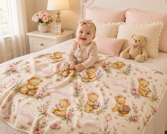 Personalized Honey Bear Baby Girl Blanket – Custom Name Watercolor Teddy Bear Nursery Blanket