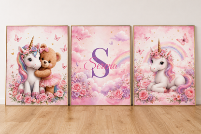 Personalized Unicorn Nursery Wall Art Set – Custom Baby Name Decor (Set of 3)