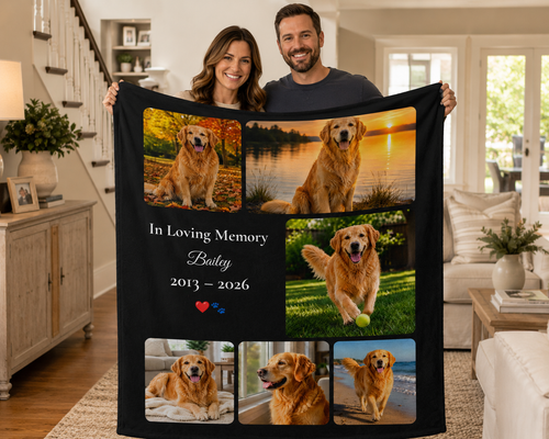 Personalized In Loving Memory Pet Blanket – Custom Dog or Cat Photo Blanket – Pet Loss Memorial Gift – Rainbow Bridge Keepsake