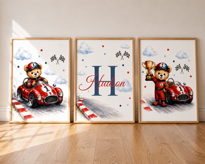 🏆 Personalized Race Car Nursery Print Set | Custom Baby Name Wall Art | Teddy Bear Nursery Decor (Set of 3)