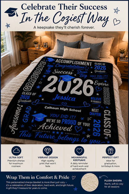 Personalized Graduation Sherpa Blanket – Custom Name & School Gift for Class of 2026