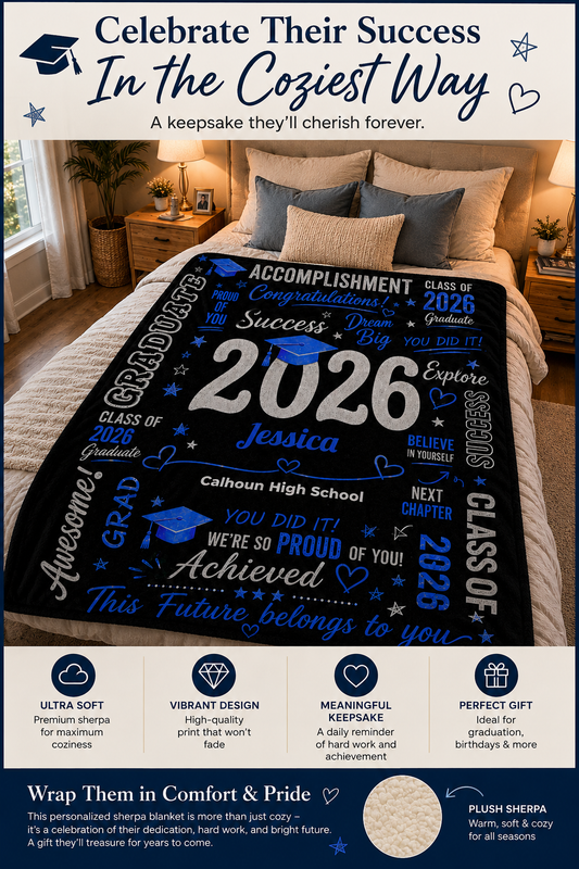 Personalized Graduation Sherpa Blanket – Custom Name & School Gift for Class of 2026