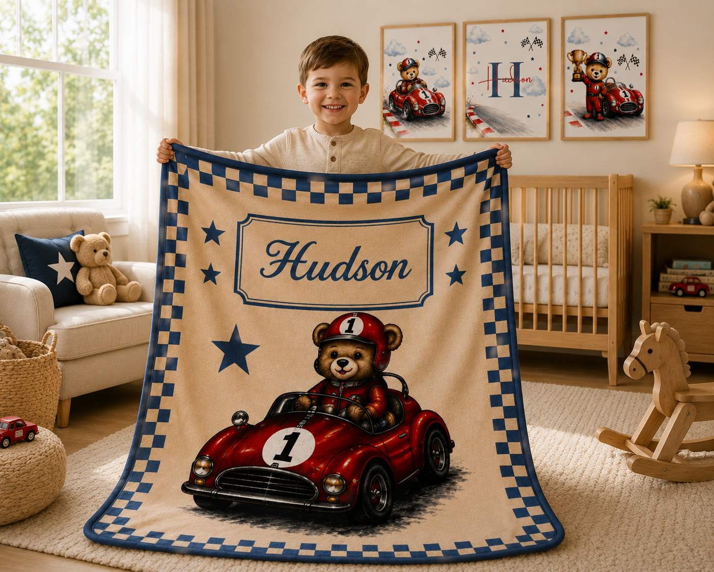 Child holding a personalized blanket with a teddy bear and car design in a nursery.