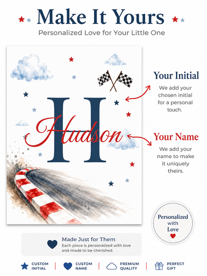 🏆 Personalized Race Car Nursery Print Set | Custom Baby Name Wall Art | Teddy Bear Nursery Decor (Set of 3)