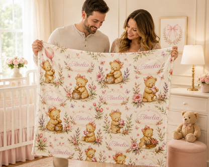 Personalized Honey Bear Baby Girl Blanket – Custom Name Watercolor Teddy Bear Nursery Blanket