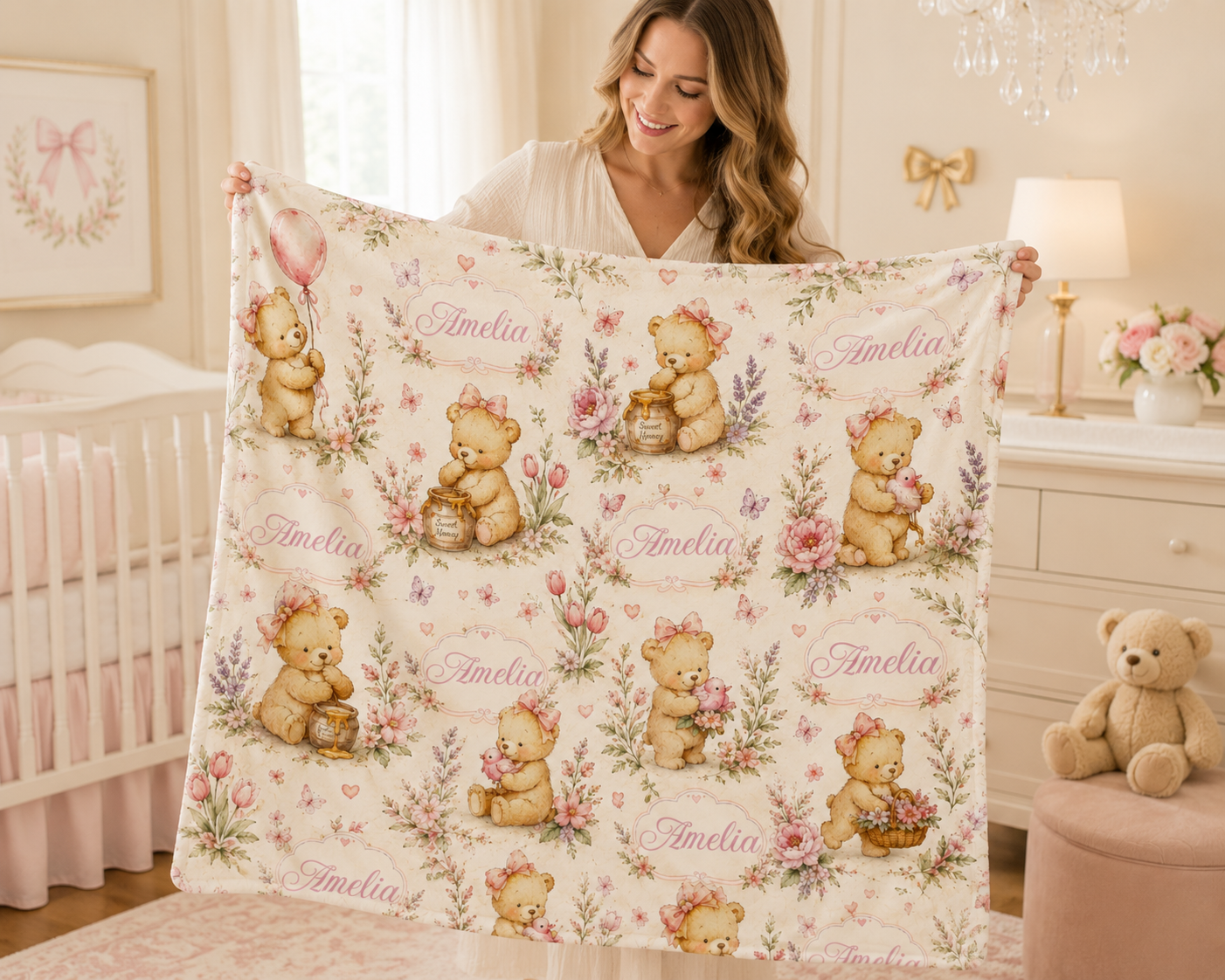 Personalized Honey Bear Baby Girl Blanket – Custom Name Watercolor Teddy Bear Nursery Blanket