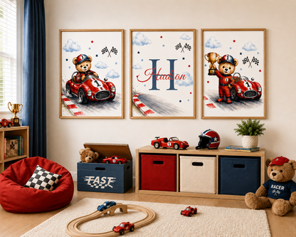 🏆 Personalized Race Car Nursery Print Set | Custom Baby Name Wall Art | Teddy Bear Nursery Decor (Set of 3)
