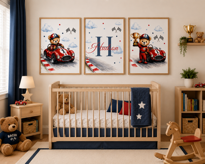 🏆 Personalized Race Car Nursery Print Set | Custom Baby Name Wall Art | Teddy Bear Nursery Decor (Set of 3)