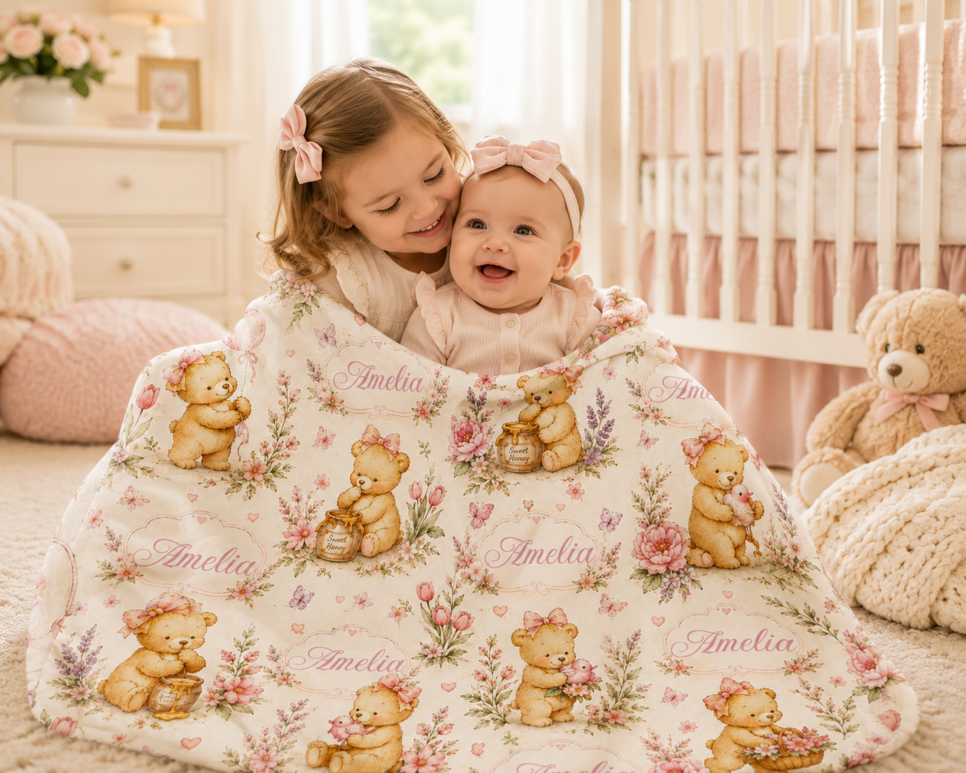 Personalized Honey Bear Baby Girl Blanket – Custom Name Watercolor Teddy Bear Nursery Blanket