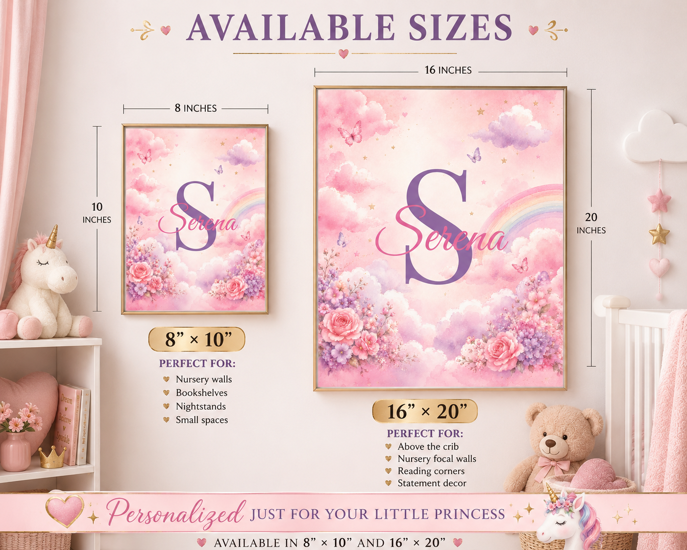 Personalized Unicorn Nursery Wall Art Set – Custom Baby Name Decor (Set of 3)
