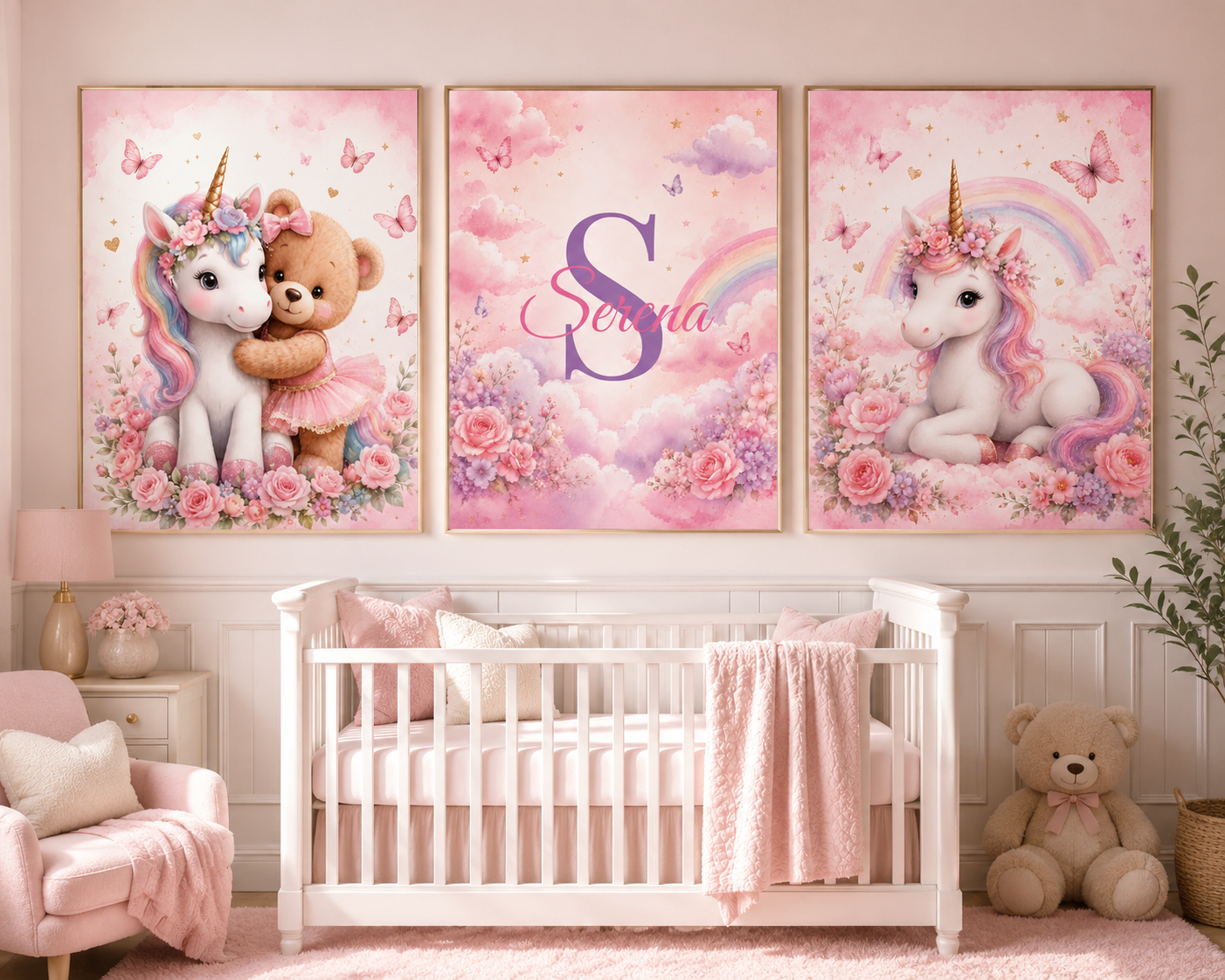 Personalized Unicorn Nursery Wall Art Set – Custom Baby Name Decor (Set of 3)