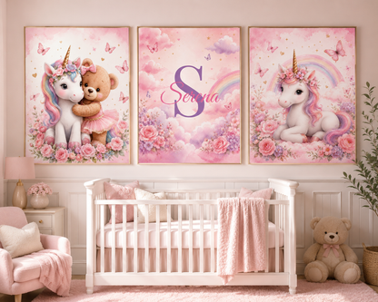 Personalized Unicorn Nursery Wall Art Set – Custom Baby Name Decor (Set of 3)
