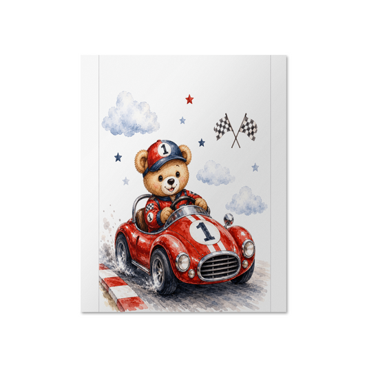 Race Car Teddy Bear Nursery Wall Art | Race Car Nursery Decor | Vintage Racing Bear Print | Baby Boy Nursery Wall Art