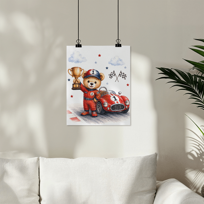 Champion Teddy Bear Nursery Wall Art | Trophy Bear Nursery Decor | Race Car Nursery Print | Baby Boy Wall Art