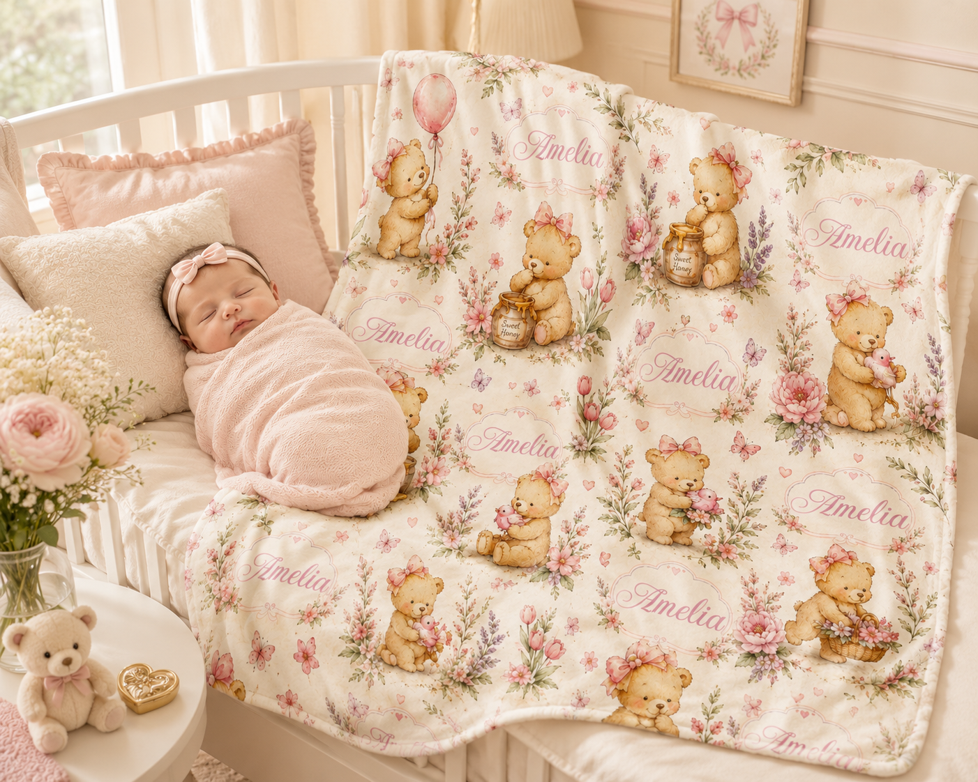 Personalized Honey Bear Baby Girl Blanket – Custom Name Watercolor Teddy Bear Nursery Blanket