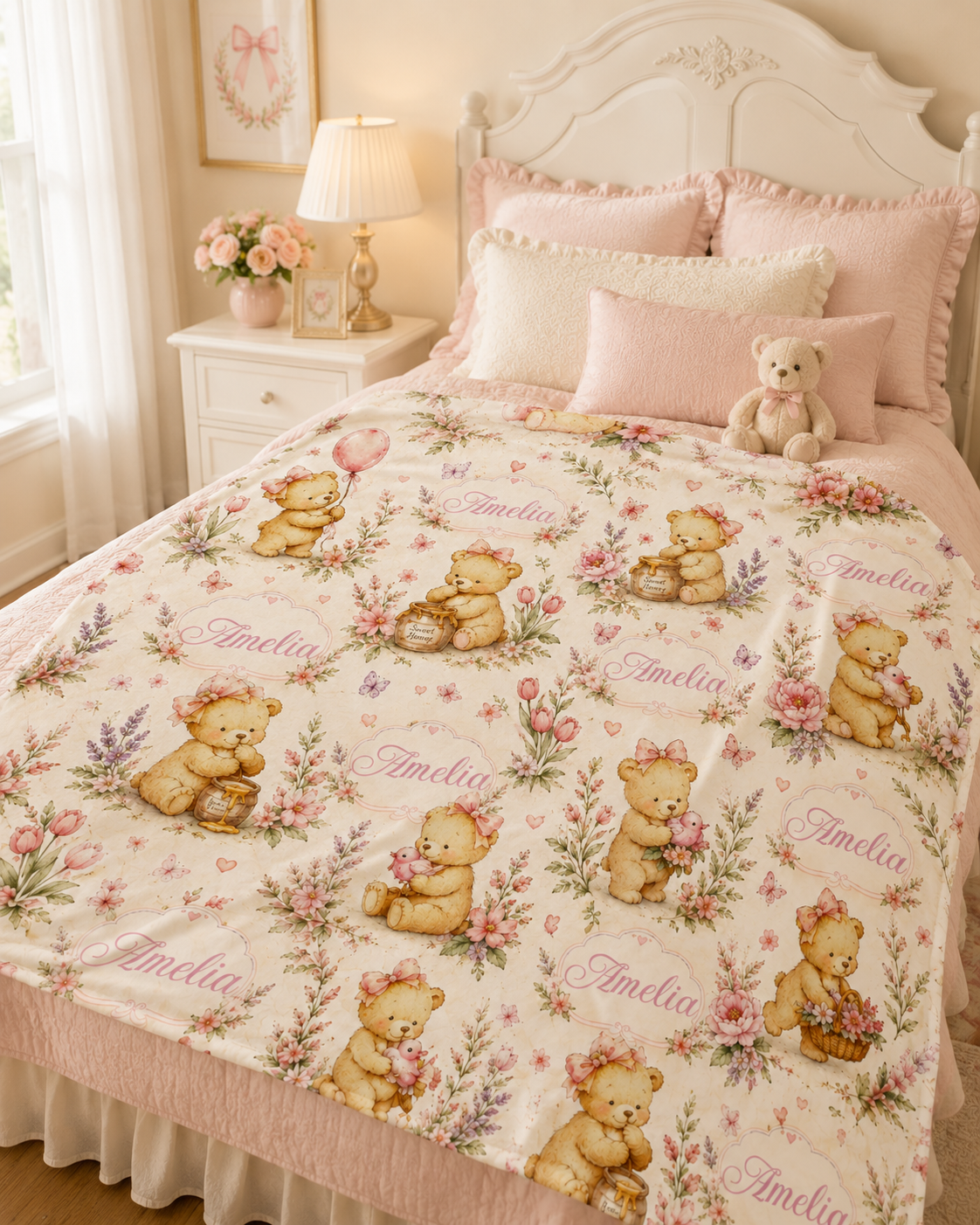 Personalized Honey Bear Baby Girl Blanket – Custom Name Watercolor Teddy Bear Nursery Blanket