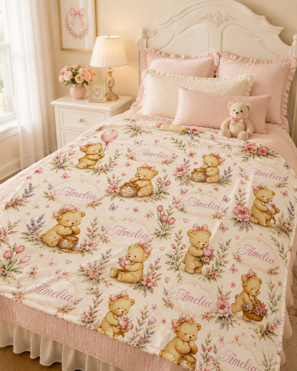 Personalized Honey Bear Baby Girl Blanket – Custom Name Watercolor Teddy Bear Nursery Blanket