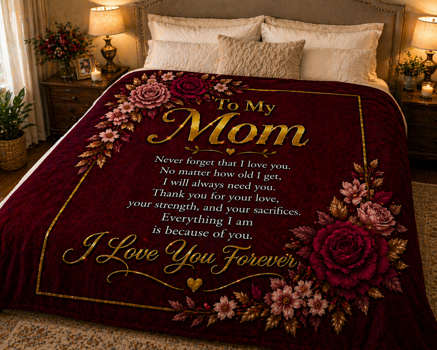 Floral-themed blanket with a message to 'My Mom' on a bed in a bedroom setting.