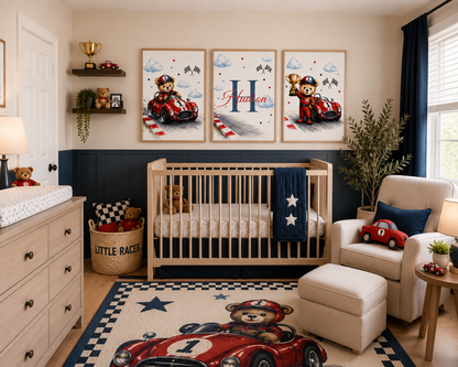 🏆 Personalized Race Car Nursery Print Set | Custom Baby Name Wall Art | Teddy Bear Nursery Decor (Set of 3)