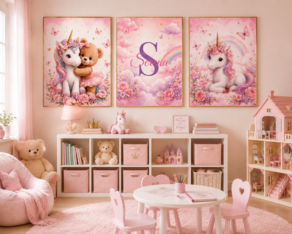 Personalized Unicorn Nursery Wall Art Set – Custom Baby Name Decor (Set of 3)