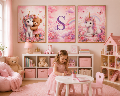 Personalized Unicorn Nursery Wall Art Set – Custom Baby Name Decor (Set of 3)